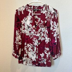Karl Lagerfeld Paris Red White Floral Ruffle Split Neck Blouse - Size S EUC